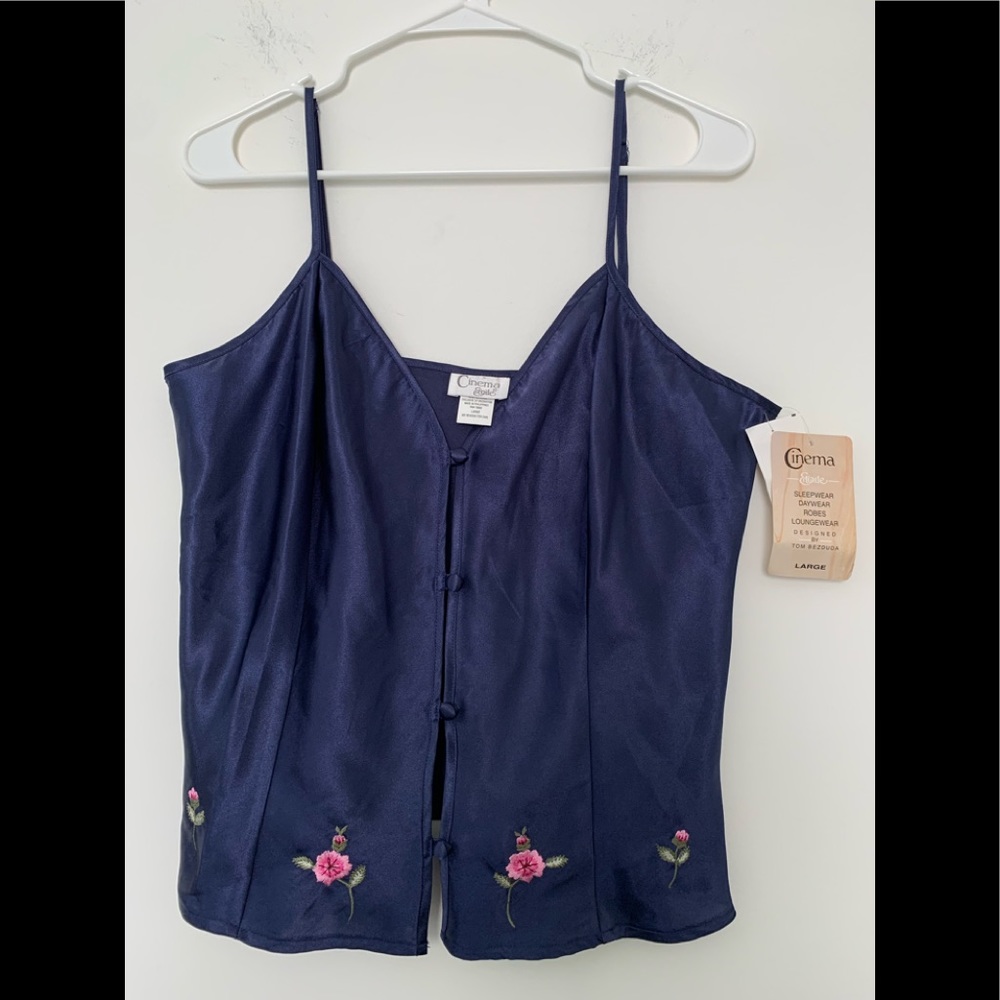 NWT’s Cinema Blue Satin Camisole with Embroidered Flowers Size: Large